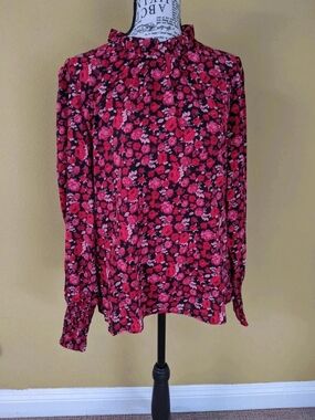 Womens Floral Ruffle Neck Blouse - Pink